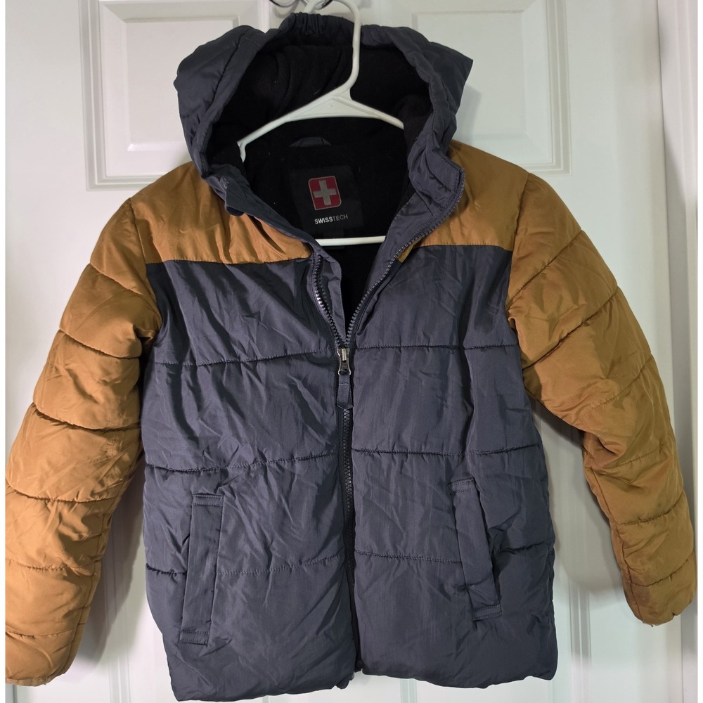 SwissTech Boys Puffer Jacket Size S 6-7 Navy Mustard Hooded Fleece Lined